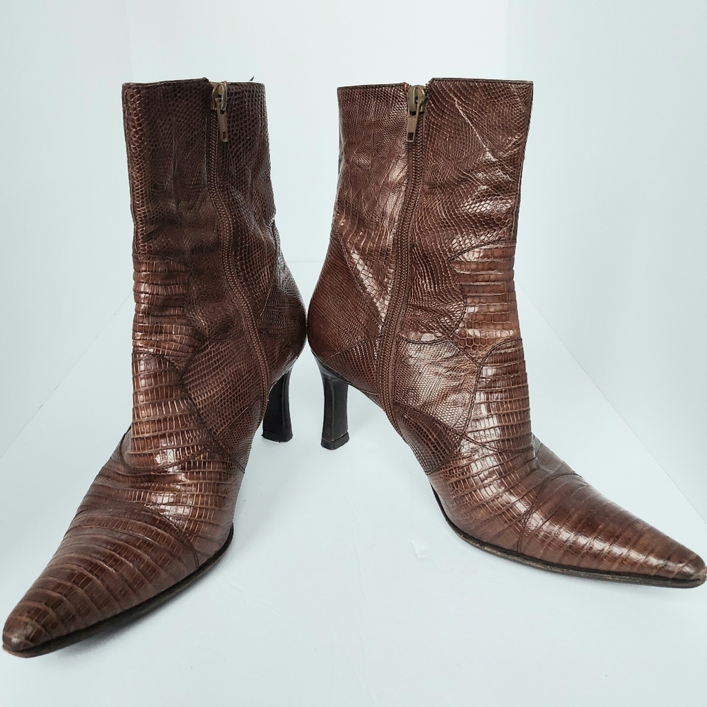 Vintage Women's Botticelli Patchwork Lizard Brown Leather Ankle Booties Sz37 EUC